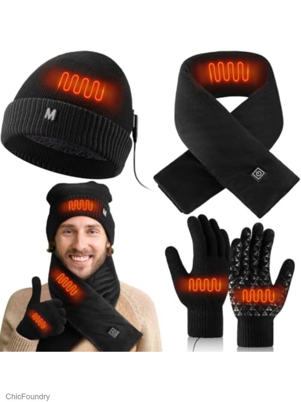 USB Heated Hat Scarf Gloves Set Knitted Touchscreen Winter Warmth